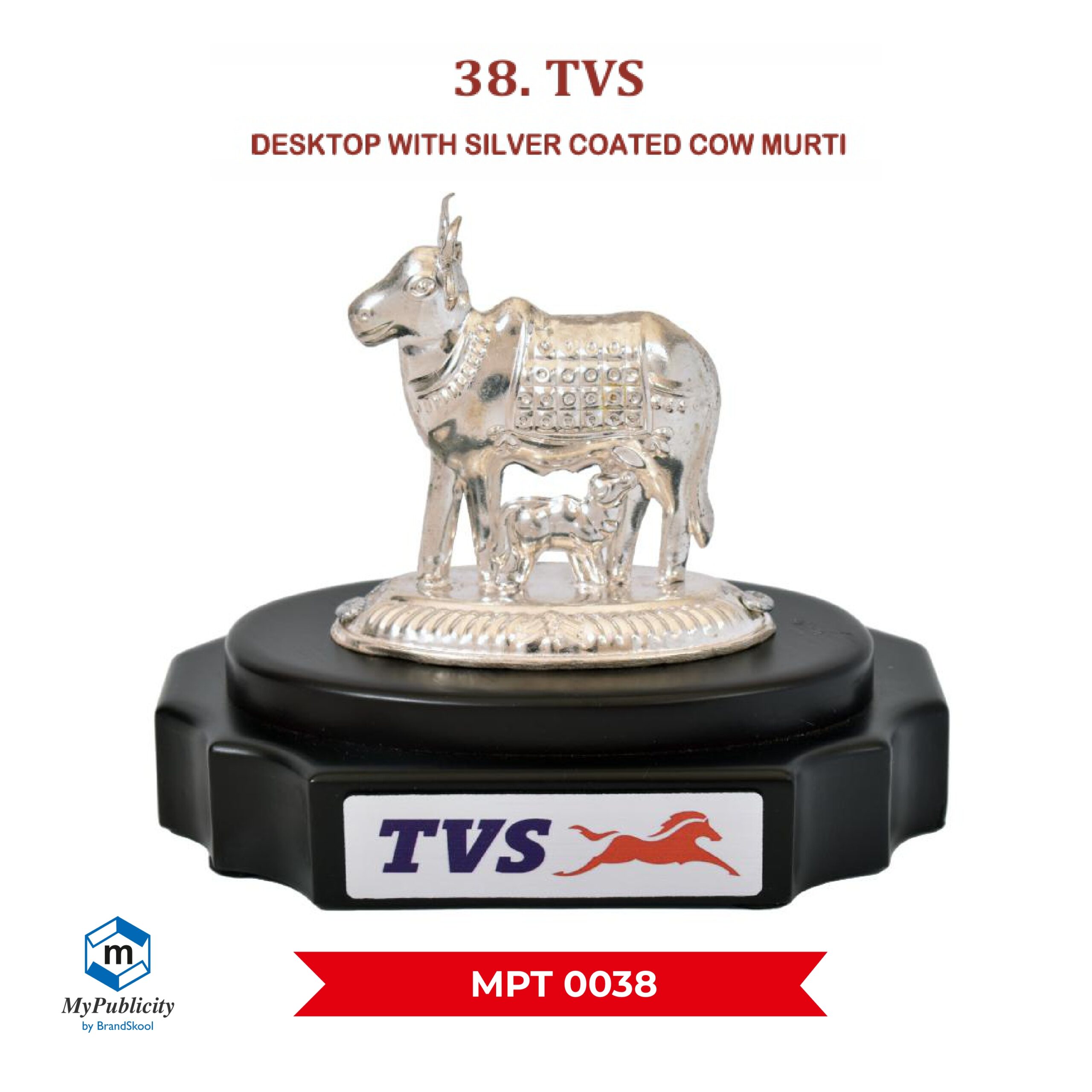 Premium Wooden Desktop with Silver coated Cow Murti - Code : MPT 0038